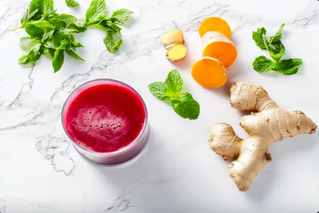 Glass of beet and carrot juice with digestive-friendly herbs.