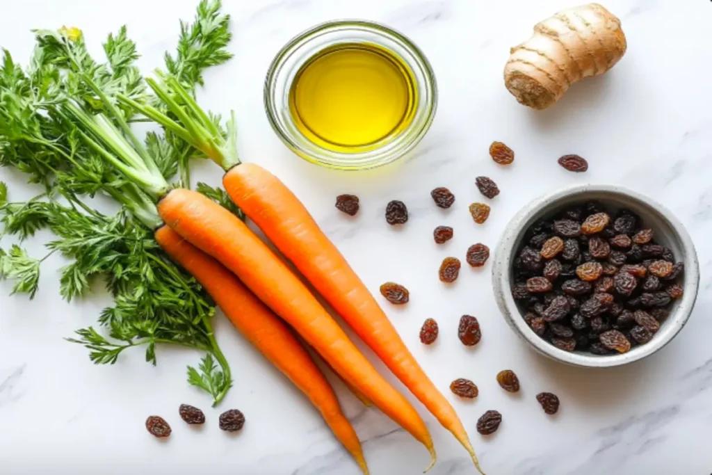 Fresh carrots, raisins, and olive oil arranged for carrot salad