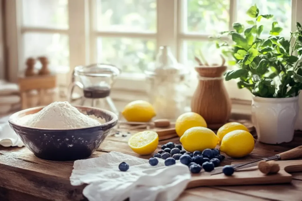 Blueberries, lemons, and flour on a rustic kitchen table.