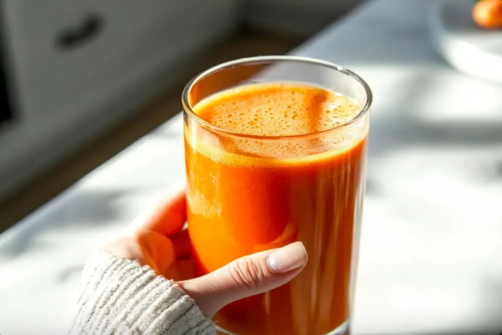 A person holding a glass of carrot and celery juice