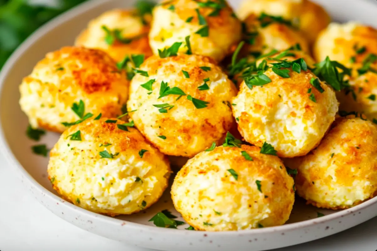 Plate of cottage cheese egg bites garnished with fresh herbs.