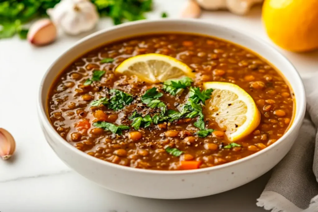 Cabbage lentil soup with olive oil drizzle and a heart-shaped garnish of parsley.