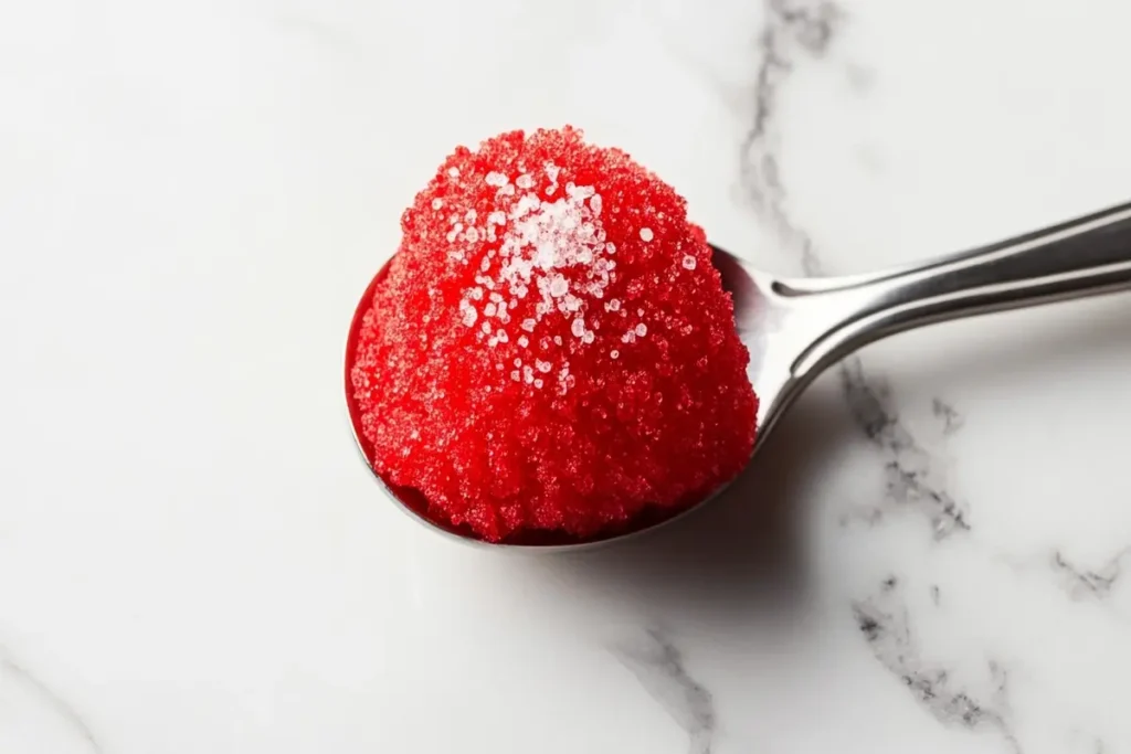 Is sorbet healthy than ice cream? A spoonful of fruit sorbet with visible sugar granules on top.