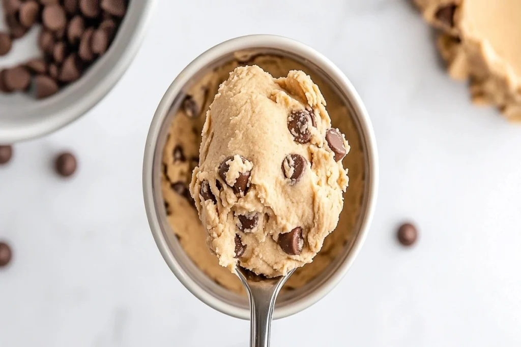 Spoonful of creamy keto cookie dough above a mixing bowl