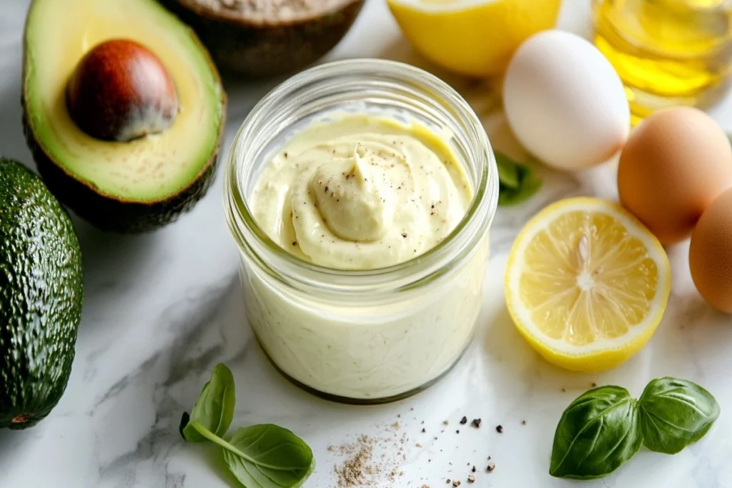 Ingredients for keto mayonnaise arranged on a marble counter