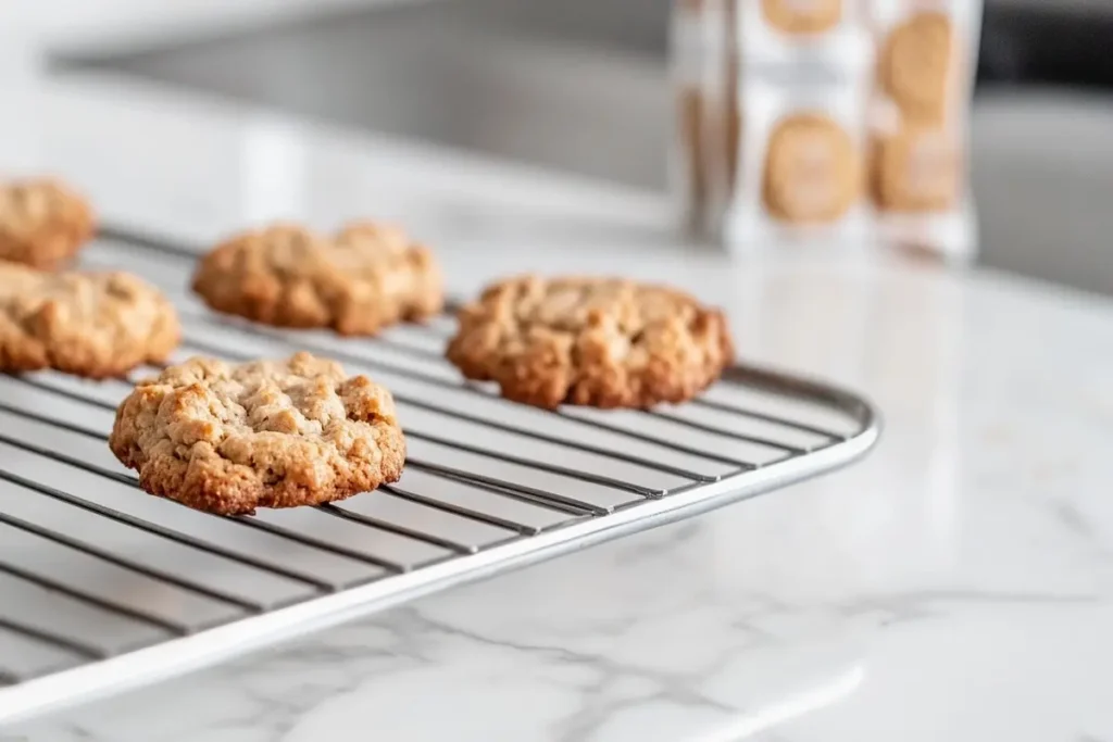 A homemade keto cookie on a cooling rack beside a store-bought packaged keto cookie on a white marble kitchen counter.