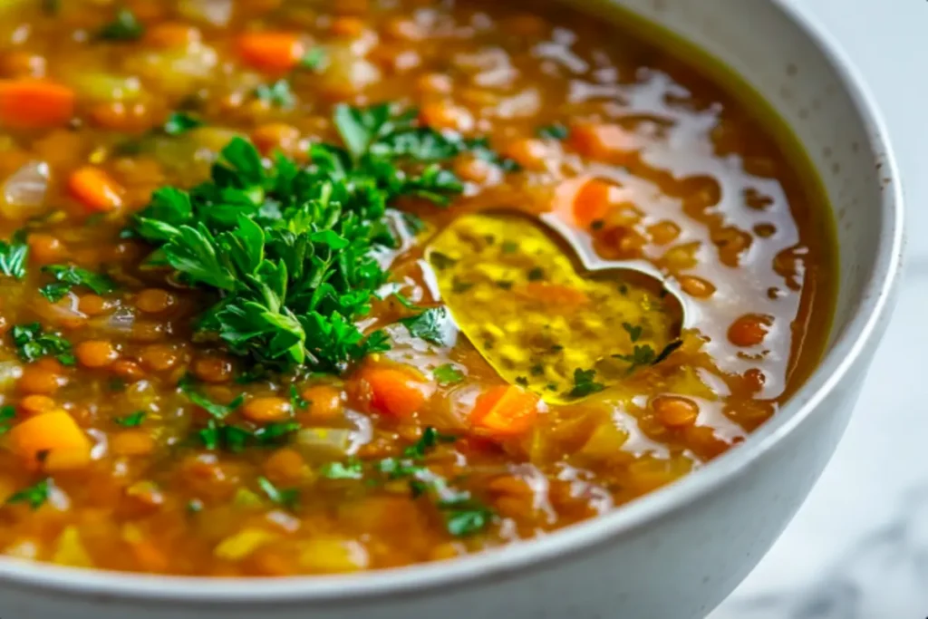 A bowl of cabbage lentil soup surrounded by vitamin-rich ingredients like lemon, garlic, and cabbage.