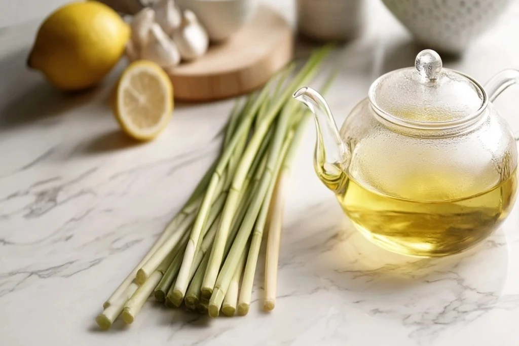 Fresh lemongrass stalks and teapot on a white marble kitchen counter