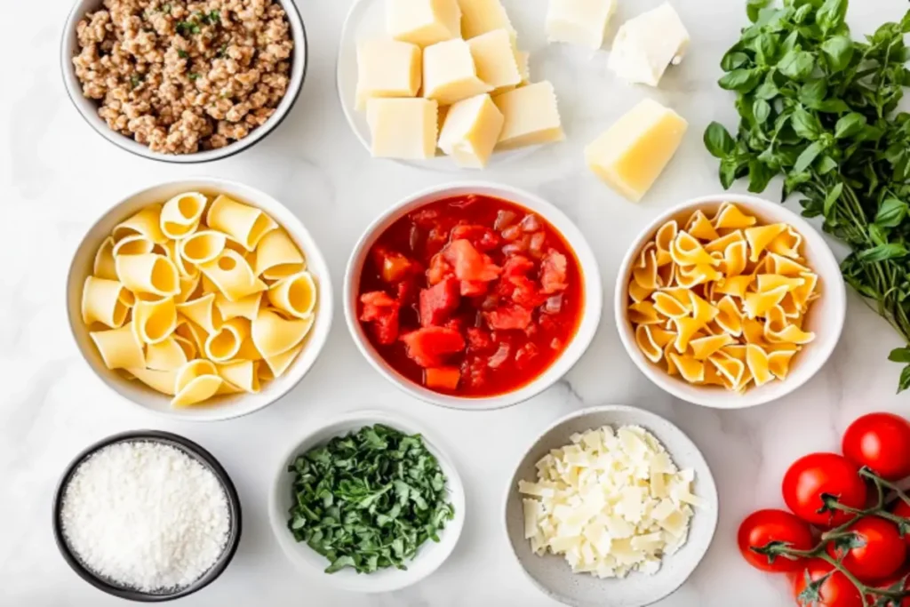 Fresh ingredients including pasta, ground turkey, tomatoes, herbs, and cheese.