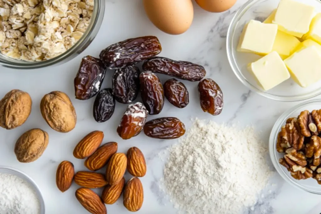 Ingredients for date nut bread laid out on a kitchen counter.The key ingredients for date nut bread: dates, nuts, flour, eggs, and butter.