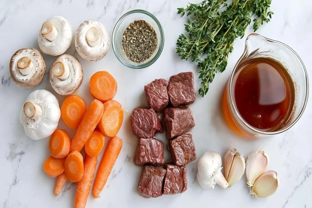 Fresh beef and vegetables arranged on marble counter 