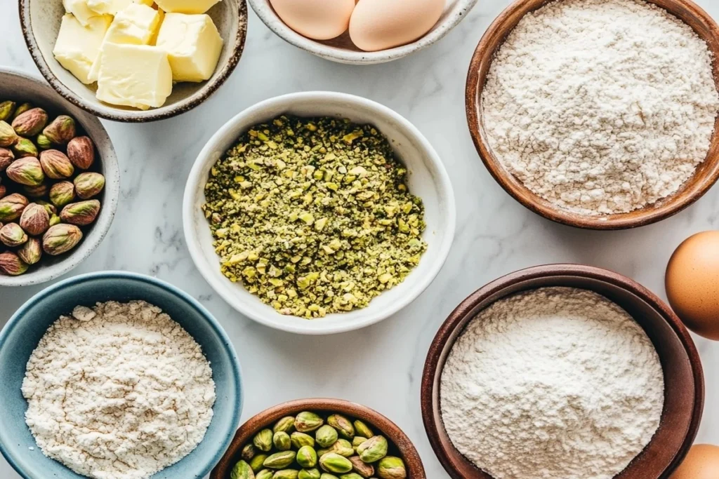 Ingredients for pistachio muffins arranged in bowls on a marble countertop