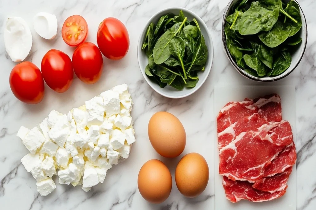 Fresh gyro omelette ingredients laid out on marble counter