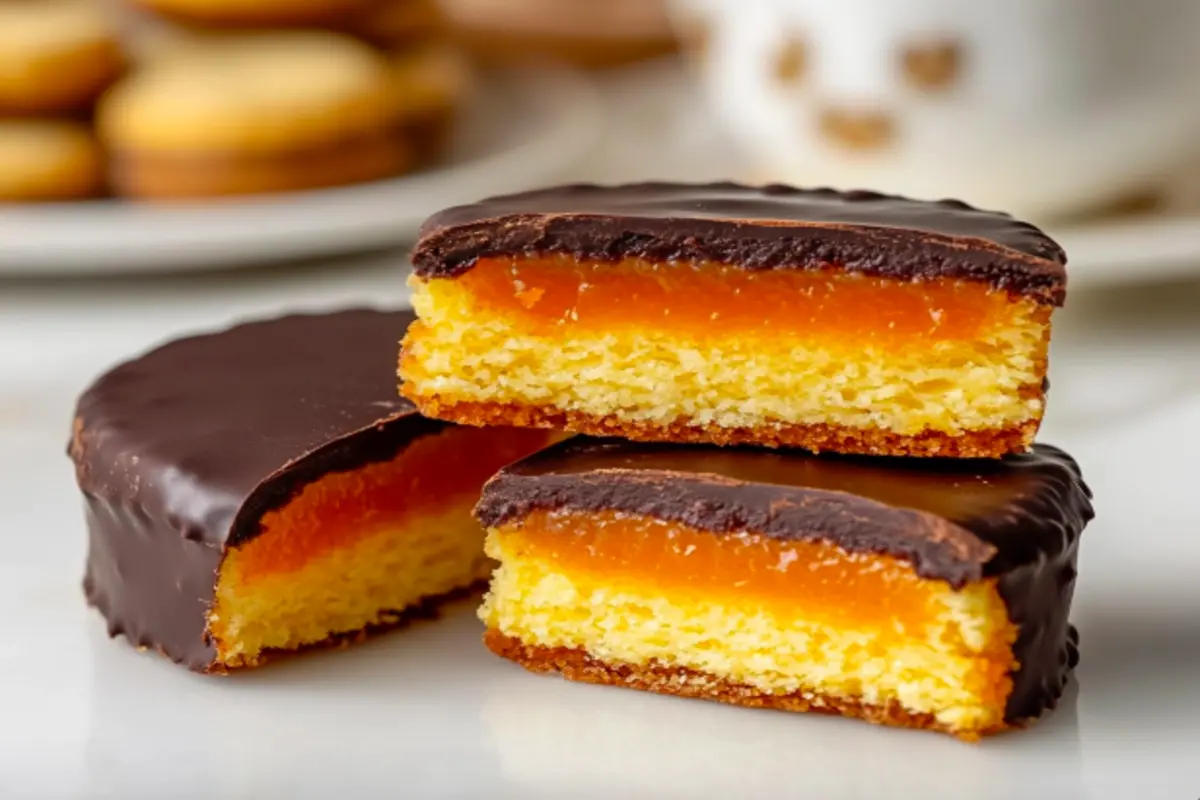 A stack of Jaffa cakes with a bite taken out, revealing the orange jelly layer inside.