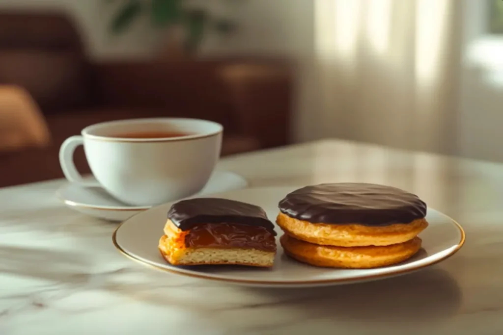 A cozy tea-time setup with a plate of Jaffa cakes and a steaming cup of tea.