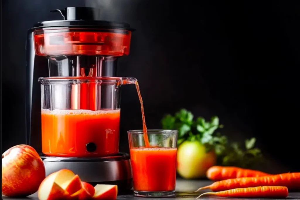 Freshly juiced carrot and apple mixture flowing into a glass.