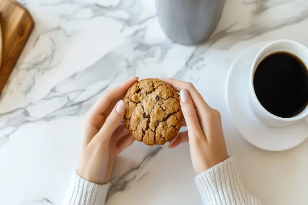 A woman enjoying a keto cookie with a cup of black coffee near a white marble kitchen counter.