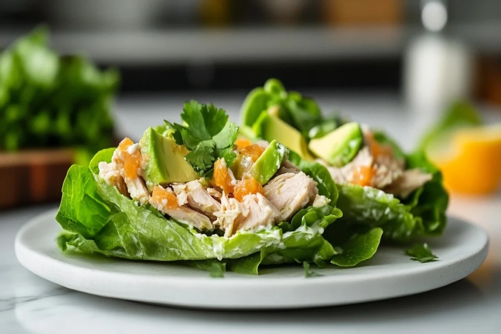 Lettuce wrap with keto mayonnaise on marble counter