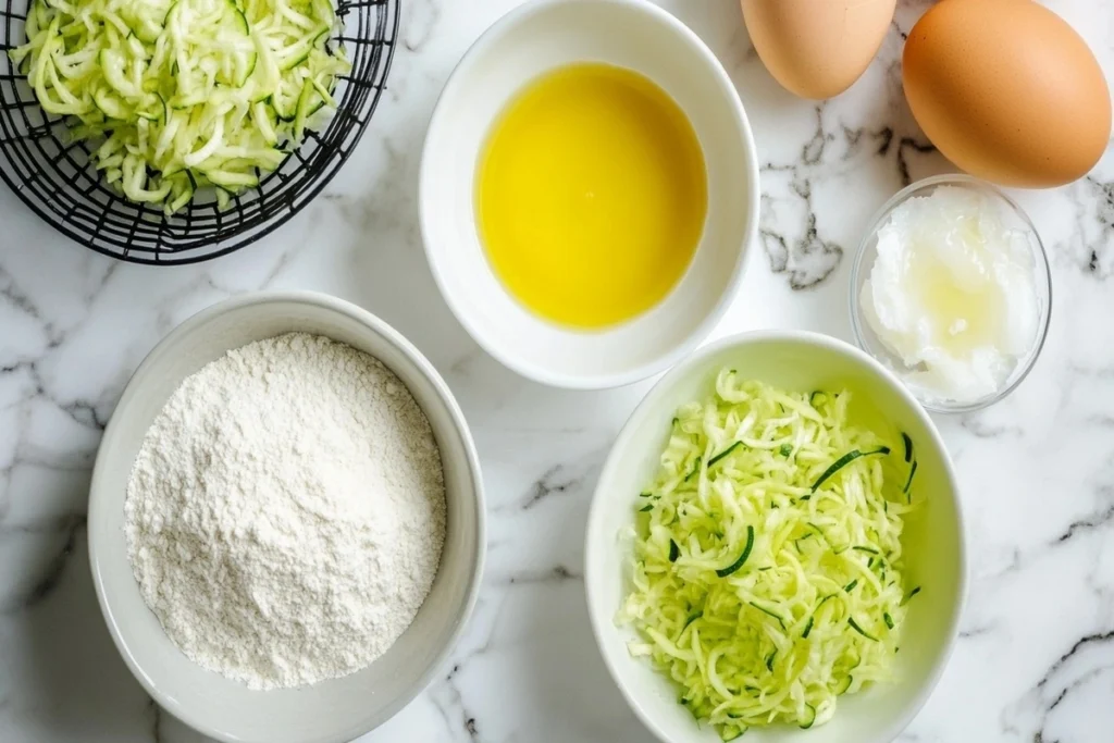 Bowls of almond flour, zucchini, eggs on countertop