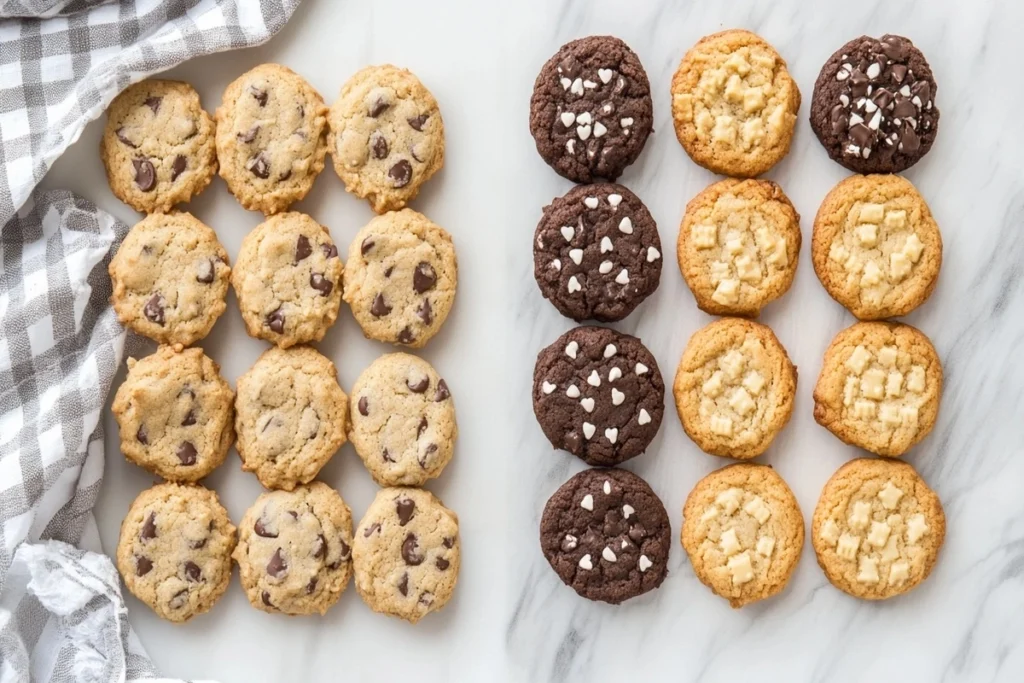 Keto cookies and traditional cookies side by side on a white marble kitchen counter