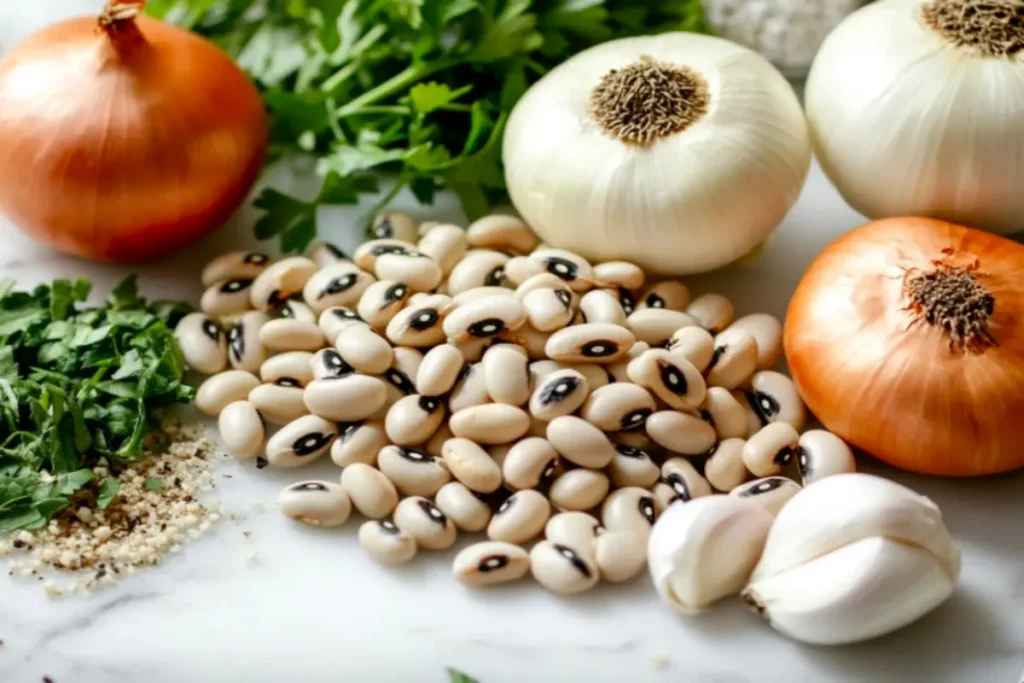 Raw black-eyed peas with onions, garlic, and fresh herbs.