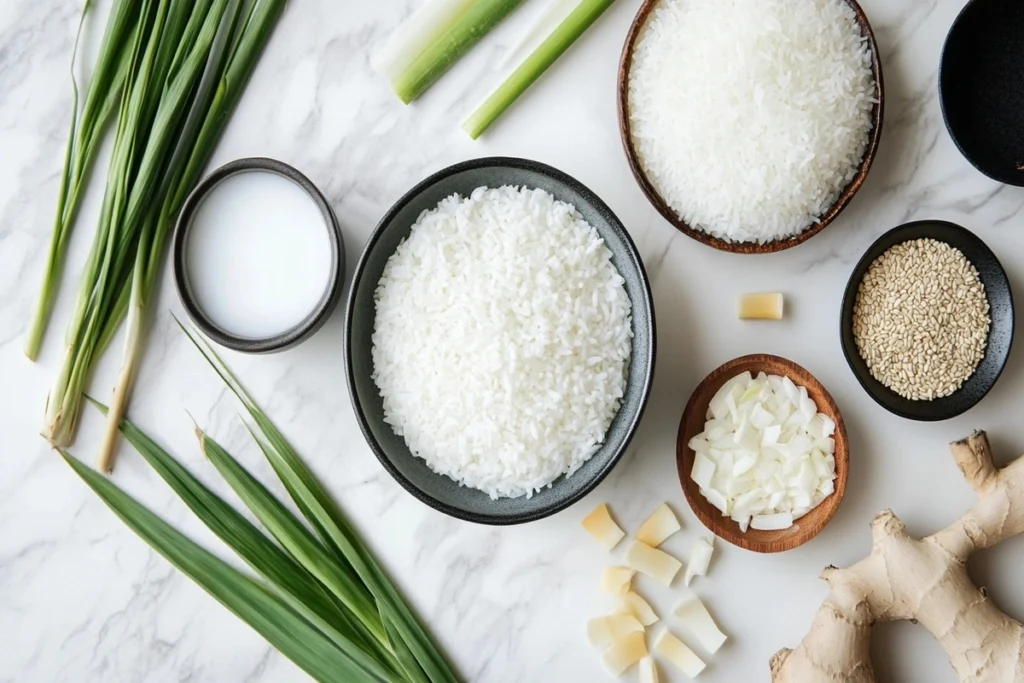 ngredients for coconut jasmine rice arranged on a counter