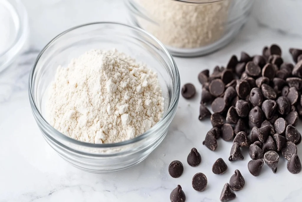 Glass bowls containing almond flour, coconut oil, and keto chocolate chips