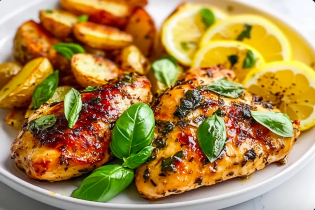 A close-up view of lemon basil chicken garnished with fresh basil and lemon slices