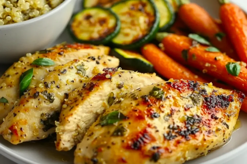 Lemon basil chicken served with roasted vegetables and quinoa.