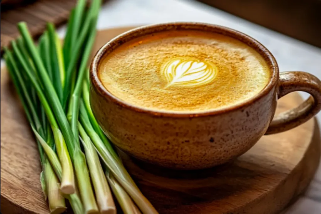 A cup of steaming lemongrass coffee with fresh lemongrass stalks beside it, set in a cozy café ambiance.