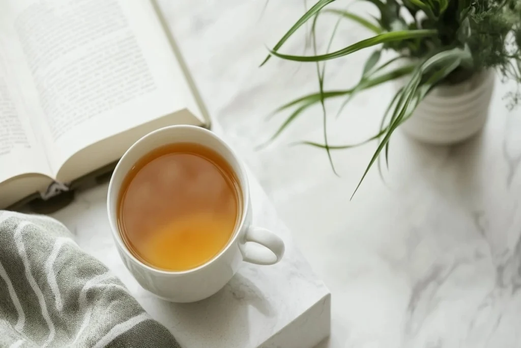 Lemongrass tea and a book on a white marble kitchen counter