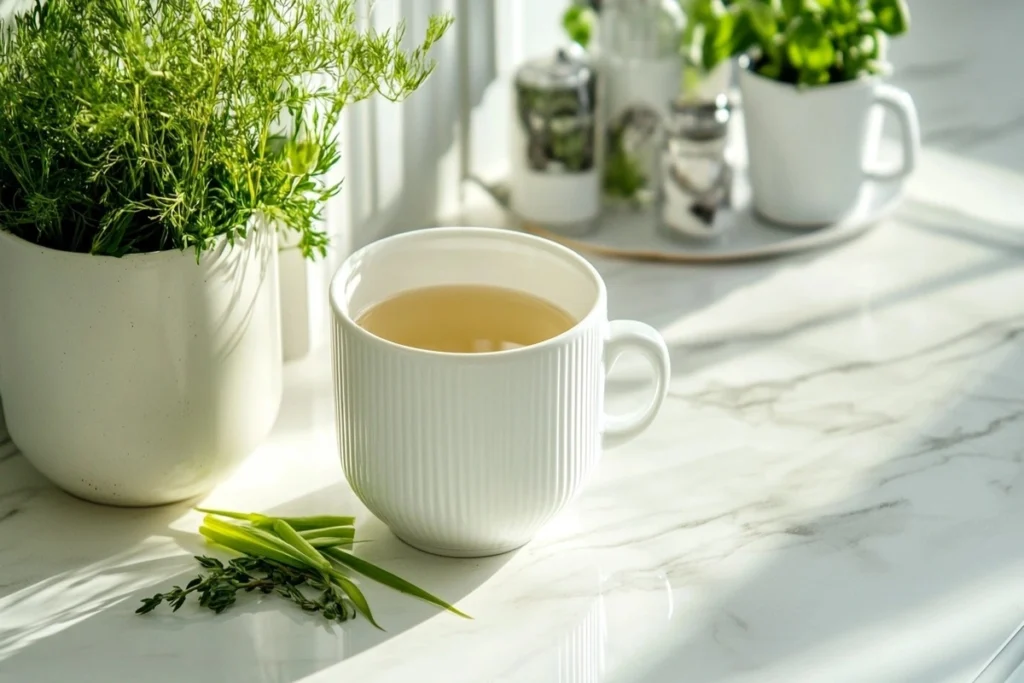 Lemongrass tea with herbs on a white marble kitchen counter