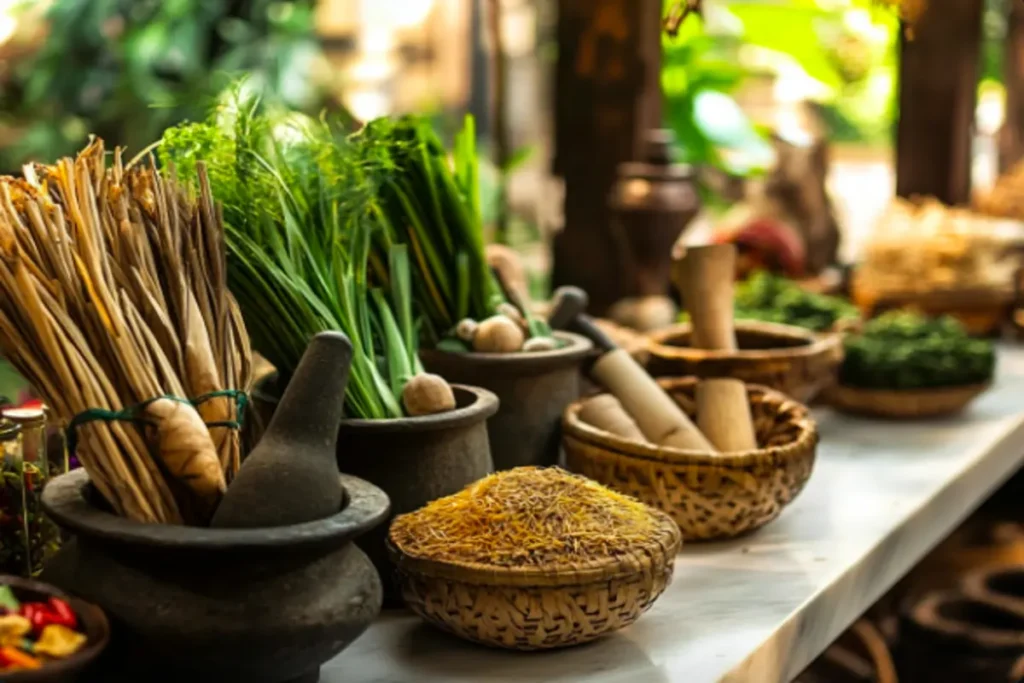 A Southeast Asian market stall with fresh and dried lemongrass used in traditional medicine.