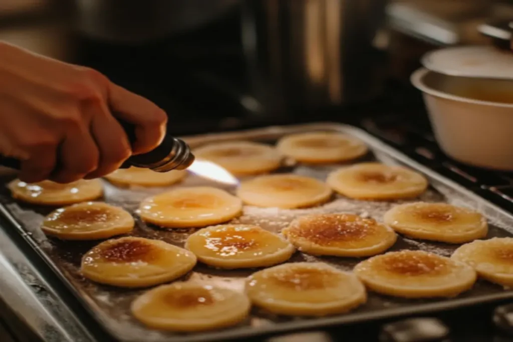 A baker’s hands preparing crème brûlée cookies, filling dough with custard, and using a torch to caramelize the sugar topping.