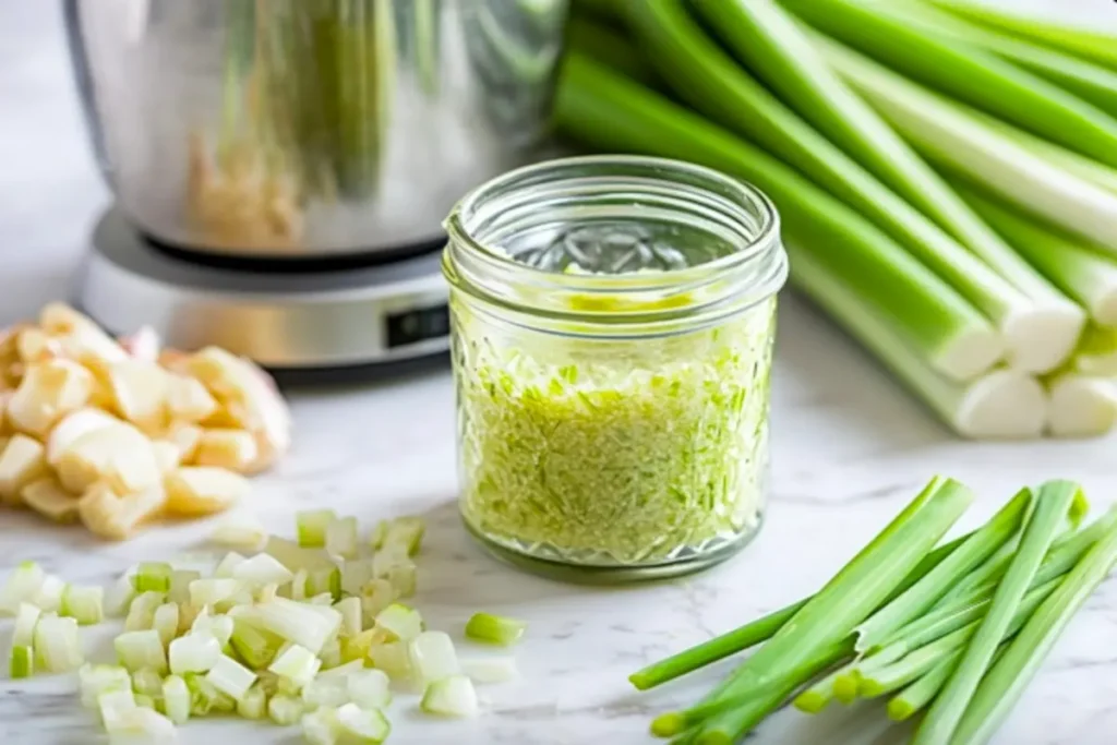 A jar of homemade lemongrass paste with chopped stalks