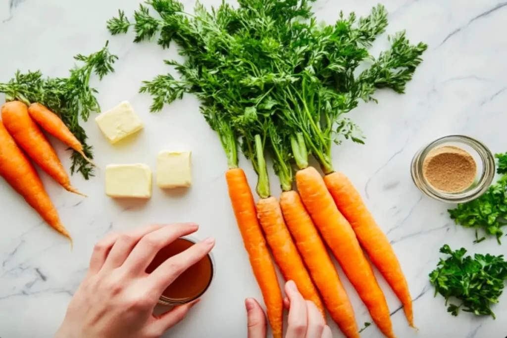 Peeling fresh carrots with ingredients for maple glazed carrots.