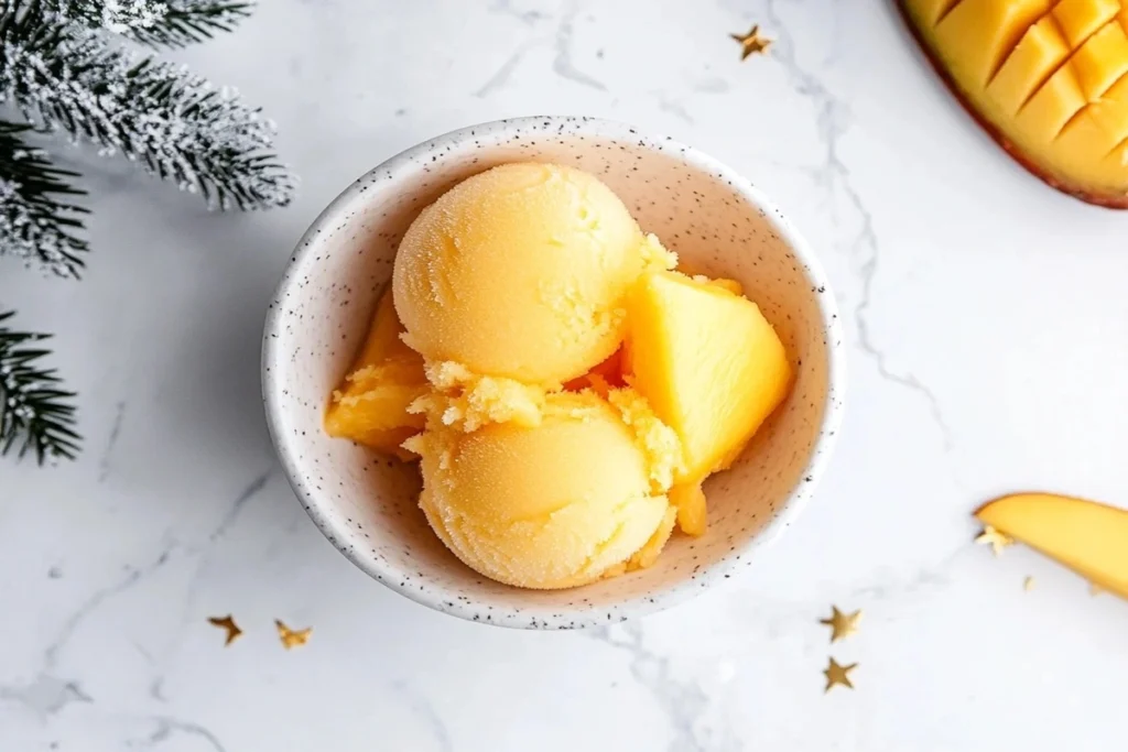 Coconut and mango sorbet in a bowl with mango slices