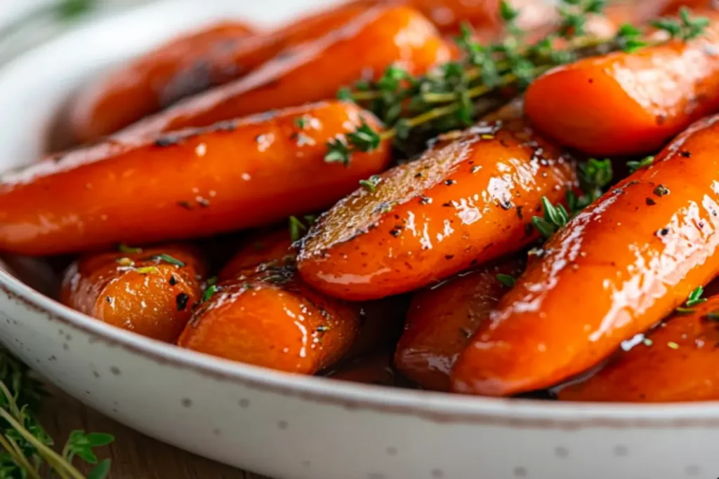 A bowl of maple glazed carrots with a shiny glaze and thyme garnish.