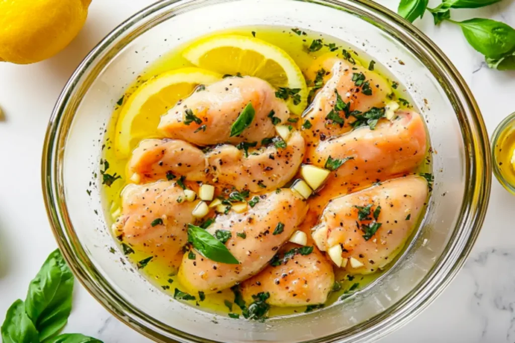 Chicken pieces marinating in lemon juice, basil, and garlic.