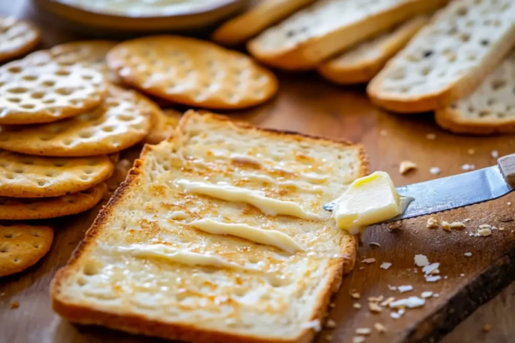 A side-by-side comparison of Melba toast and various crackers, showing their texture differences.