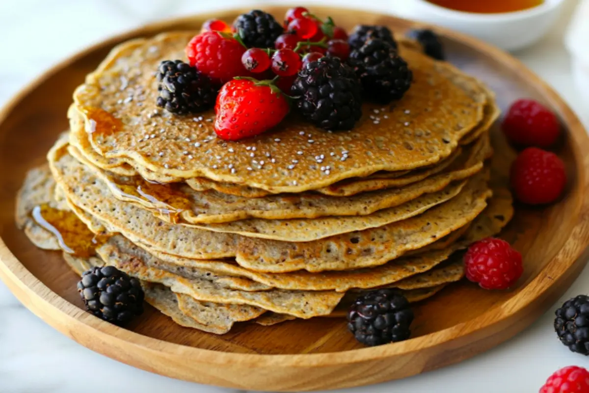 Fresh millet crepes topped with berries and honey