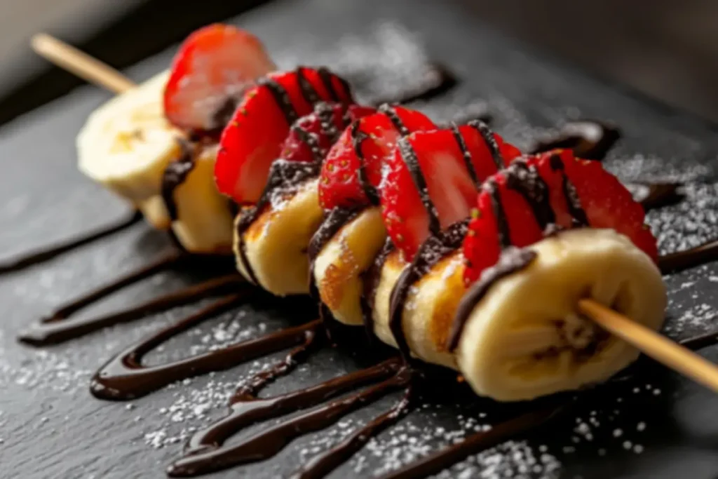 Mini pancakes threaded onto skewers, alternating with banana slices and strawberries, drizzled with chocolate sauce.