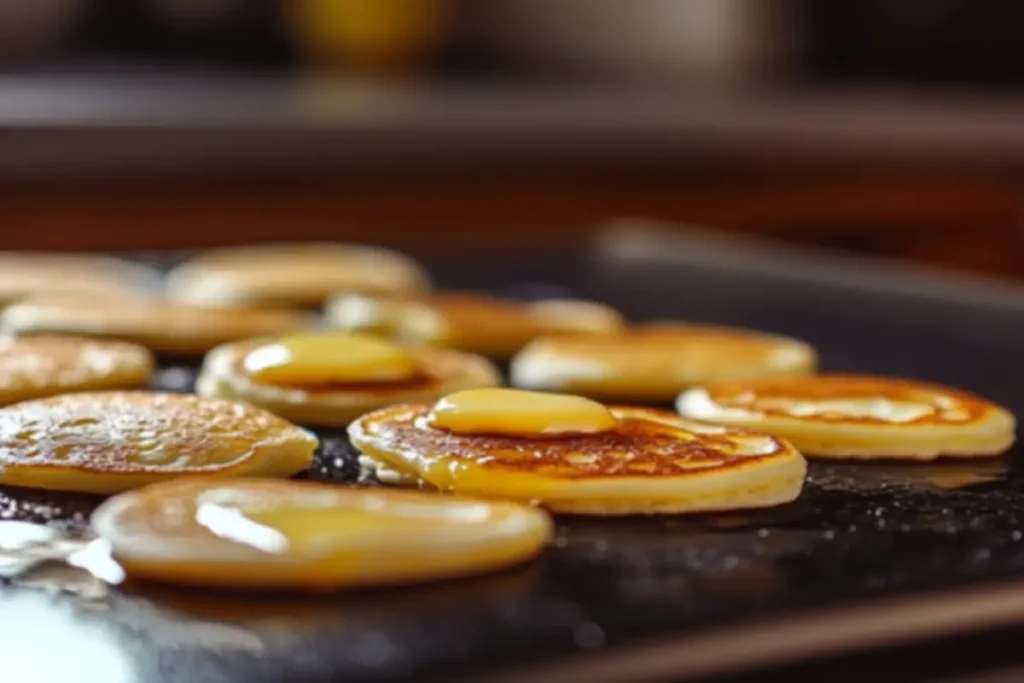 A griddle with mini pancake batter cooking, bubbles forming on the surface, ready to be flipped.