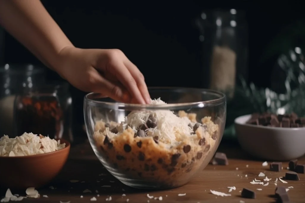 Person mixing coconut chocolate chip cookie dough