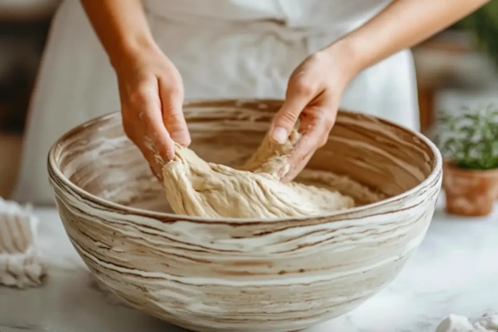 Hands mixing gluten-free dough in a large bowl. 