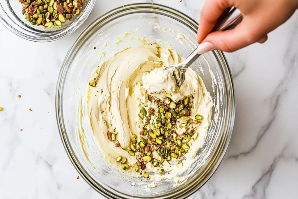 Muffin batter mixed with chopped pistachios in a glass bowl