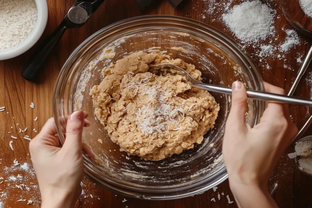 Hands mixing cookie dough in a glass bowl.