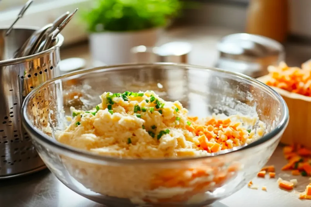 Muffin batter being mixed with grated vegetables in a bowl.