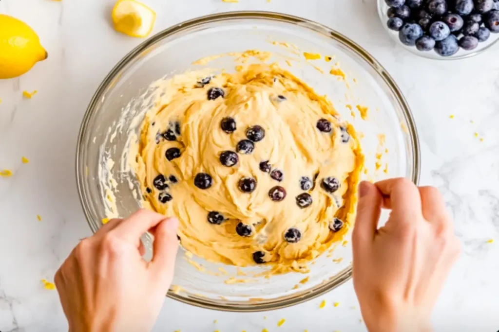 Hands whisking lemon blueberry bread batter in a glass bowl.