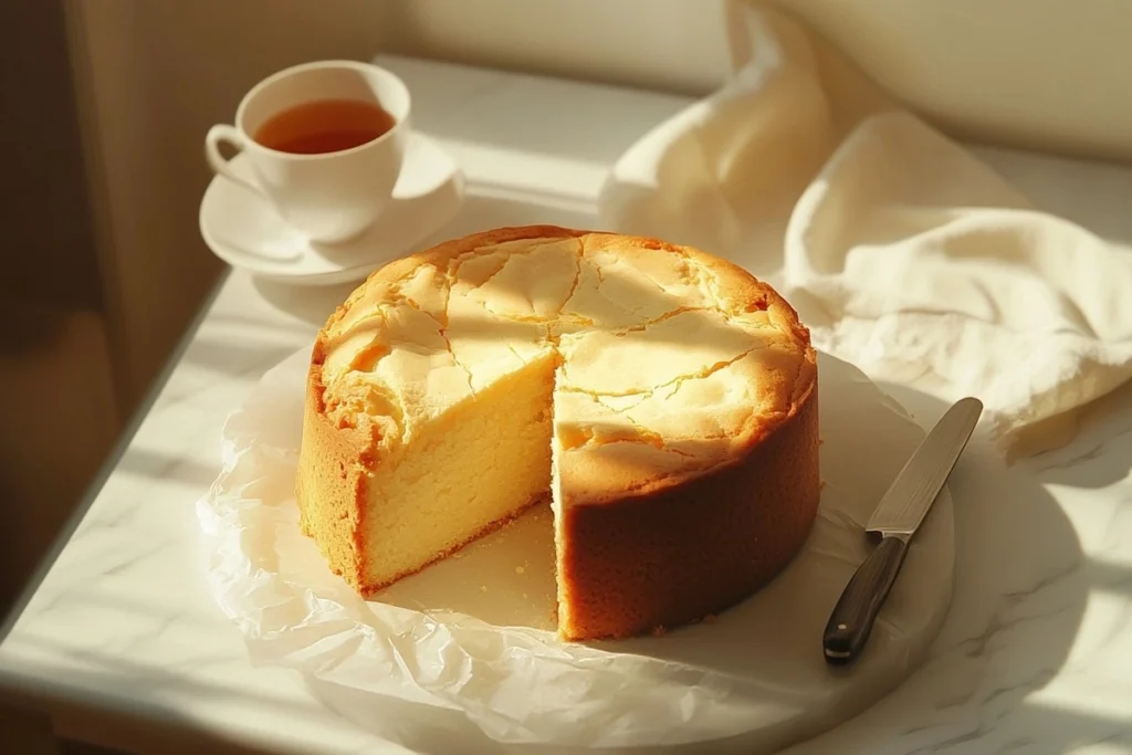 A freshly baked butter cake with a golden crust and a soft, moist crumb on a white marble kitchen counter.